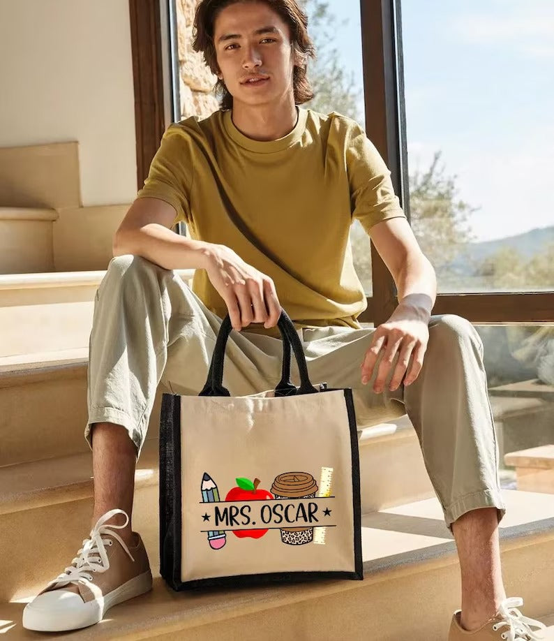 Personalised Teacher Cotton Canvas Tote, Custom Teacher Name Printed Bag, End of Term Teacher Bag, Teacher Appreciation Tote, Teachers Gift
