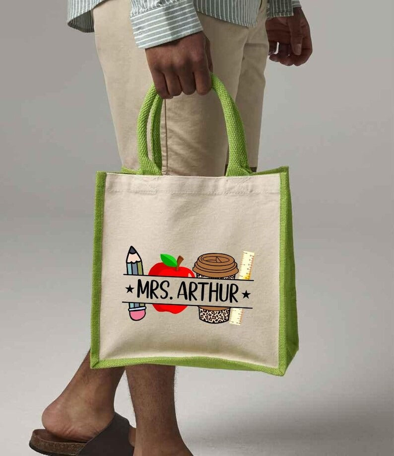 Personalised Teacher Cotton Canvas Tote, Custom Teacher Name Printed Bag, End of Term Teacher Bag, Teacher Appreciation Tote, Teachers Gift