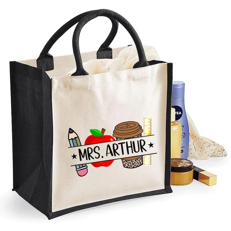 Personalised Teacher Cotton Canvas Tote, Custom Teacher Name Printed Bag, End of Term Teacher Bag, Teacher Appreciation Tote, Teachers Gift