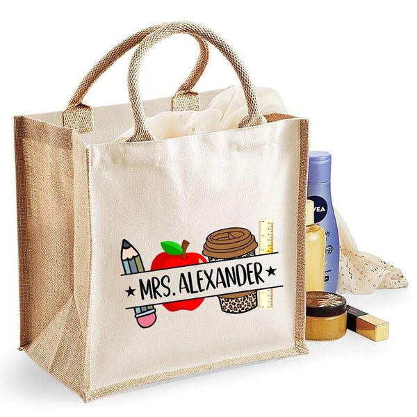 Personalised Teacher Cotton Canvas Tote, Custom Teacher Name Printed Bag, End of Term Teacher Bag, Teacher Appreciation Tote, Teachers Gift