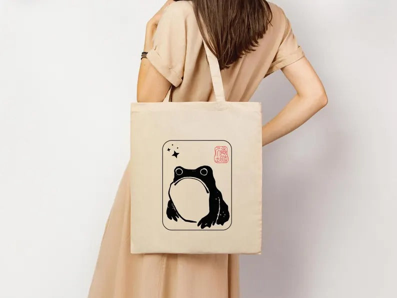 Unimpressed Frog Tote Bag, Vintage Japanese Art Printed Bag, Eco-Friendly Gift, Funny Frog meme Totes, Kawaii Frog Lover Tote, Shopping Bags