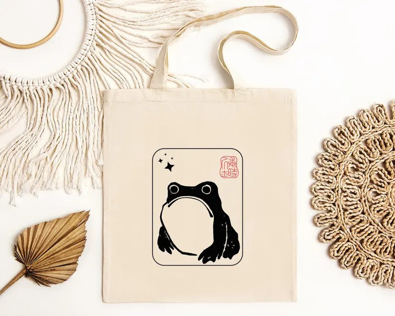 Unimpressed Frog Tote Bag, Vintage Japanese Art Printed Bag, Eco-Friendly Gift, Funny Frog meme Totes, Kawaii Frog Lover Tote, Shopping Bags