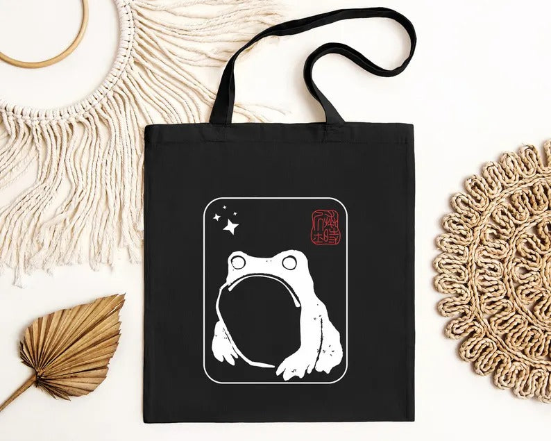 Unimpressed Frog Tote Bag, Vintage Japanese Art Printed Bag, Eco-Friendly Gift, Funny Frog meme Totes, Kawaii Frog Lover Tote, Shopping Bags
