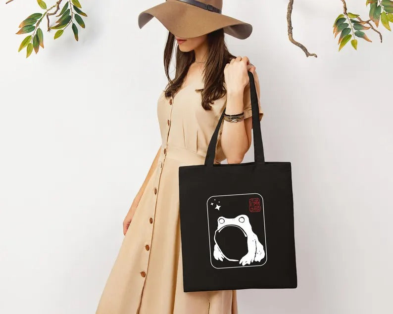 Unimpressed Frog Tote Bag, Vintage Japanese Art Printed Bag, Eco-Friendly Gift, Funny Frog meme Totes, Kawaii Frog Lover Tote, Shopping Bags