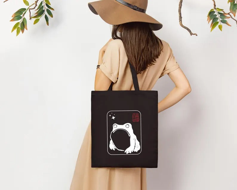Unimpressed Frog Tote Bag, Vintage Japanese Art Printed Bag, Eco-Friendly Gift, Funny Frog meme Totes, Kawaii Frog Lover Tote, Shopping Bags
