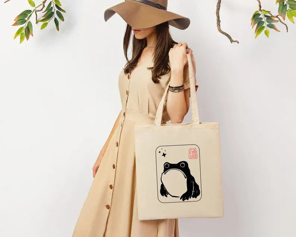 Unimpressed Frog Tote Bag, Vintage Japanese Art Printed Bag, Eco-Friendly Gift, Funny Frog meme Totes, Kawaii Frog Lover Tote, Shopping Bags