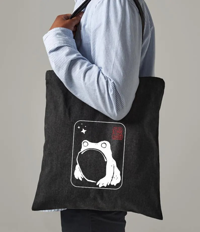 Unimpressed Frog Tote Bag, Vintage Japanese Art Printed Bag, Eco-Friendly Gift, Funny Frog meme Totes, Kawaii Frog Lover Tote, Shopping Bags