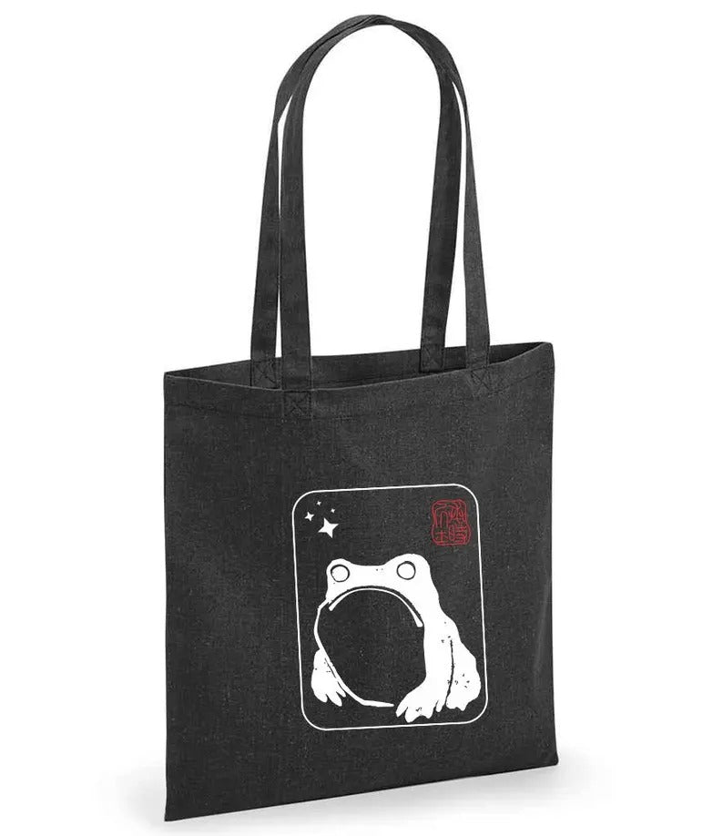 Unimpressed Frog Tote Bag, Vintage Japanese Art Printed Bag, Eco-Friendly Gift, Funny Frog meme Totes, Kawaii Frog Lover Tote, Shopping Bags