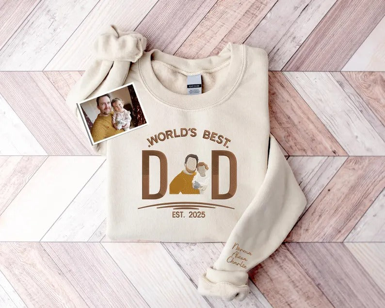 Embroidered Dad Photo Portrait Sweater, Personalised Sketch from Picture Father's Day Jumper, Kids Names on Sleeve Sweater, Fathers Day Gift