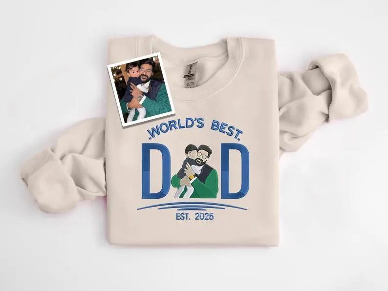 Embroidered Dad Photo Portrait Sweater, Personalised Sketch from Picture Father's Day Jumper, Kids Names on Sleeve Sweater, Fathers Day Gift