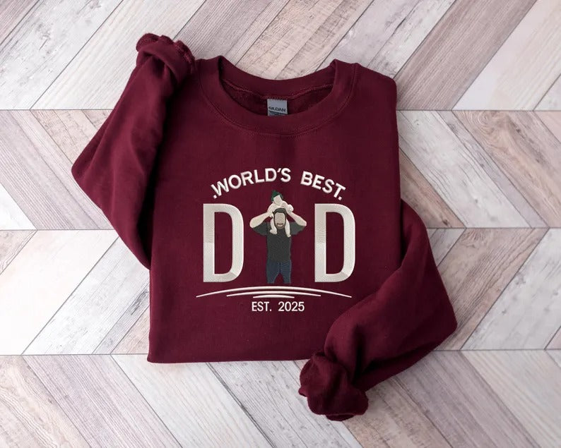 Embroidered Dad Photo Portrait Sweater, Personalised Sketch from Picture Father's Day Jumper, Kids Names on Sleeve Sweater, Fathers Day Gift