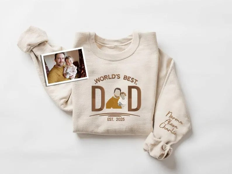 Embroidered Dad Photo Portrait Sweater, Personalised Sketch from Picture Father's Day Jumper, Kids Names on Sleeve Sweater, Fathers Day Gift