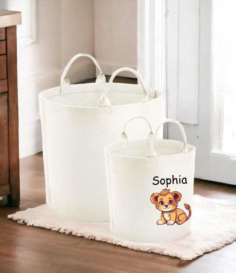 Personalised Safari Jungle Themed Bag, Custom Name Printed Toy Storage Bag, Safari Jungle Themed Felt Trug Toy Bin, Nursery Room Organizer