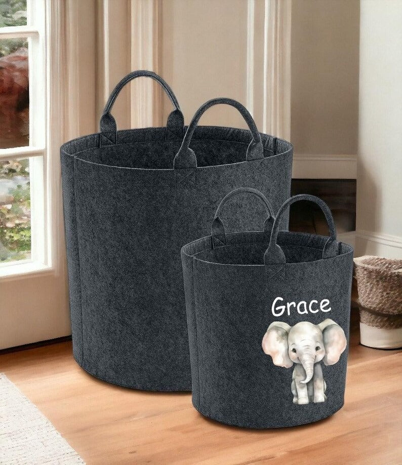 Personalised Safari Jungle Themed Bag, Custom Name Printed Toy Storage Bag, Safari Jungle Themed Felt Trug Toy Bin, Nursery Room Organizer