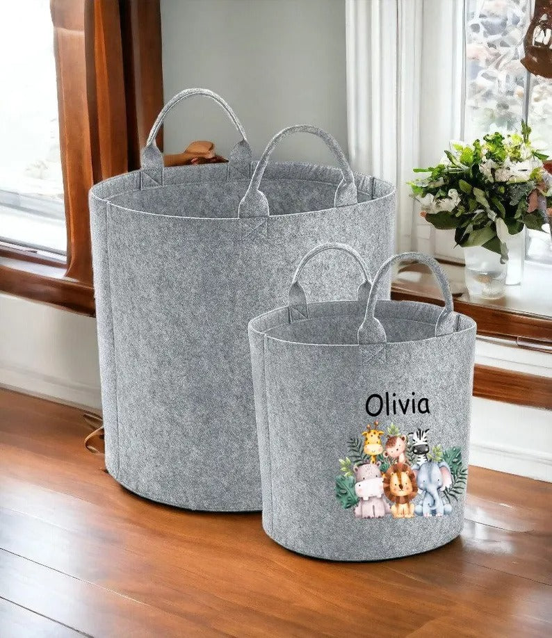 Personalised Safari Jungle Themed Bag, Custom Name Printed Toy Storage Bag, Safari Jungle Themed Felt Trug Toy Bin, Nursery Room Organizer