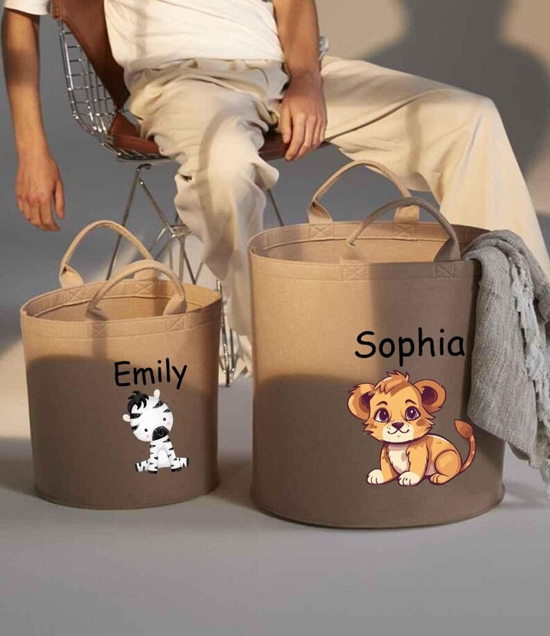 Personalised Safari Jungle Themed Bag, Custom Name Printed Toy Storage Bag, Safari Jungle Themed Felt Trug Toy Bin, Nursery Room Organizer