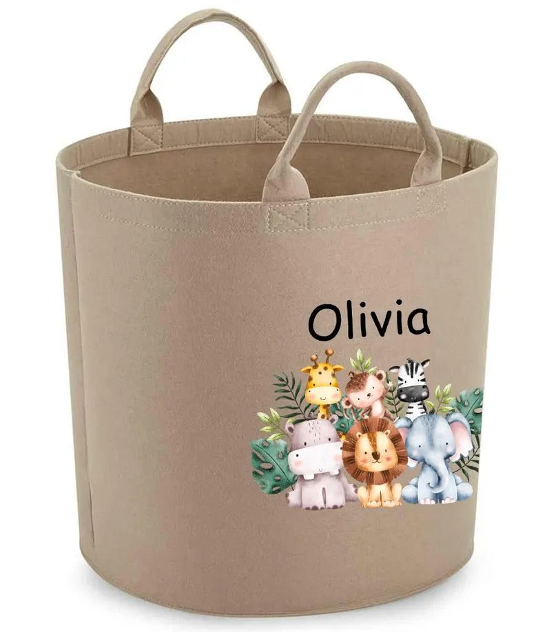 Personalised Safari Jungle Themed Bag, Custom Name Printed Toy Storage Bag, Safari Jungle Themed Felt Trug Toy Bin, Nursery Room Organizer