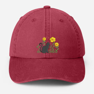 Cat & Flower Embroidered Hat, Floral Vintage Hat, Kitten Baseball Cap, Black Cat Summer Hat, Womens Flower Hat, Cat Lover Gift, Gift for Her