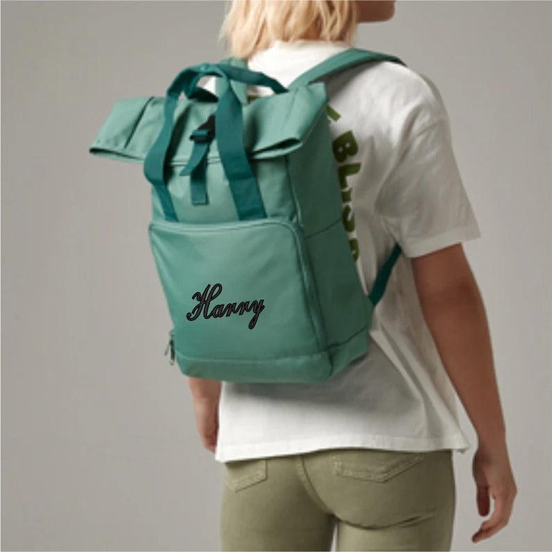 Personalised Backpack, Custom Name or Initials Printed Backpack, Twin Handle Roll-Top Travel Bags, 100 Polyester Bags, Back to School Gifts