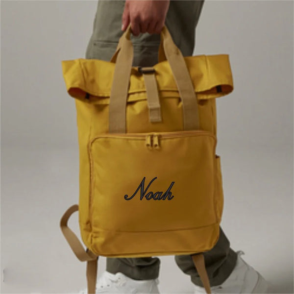 Personalised Backpack, Custom Name or Initials Printed Backpack, Twin Handle Roll-Top Travel Bags, 100 Polyester Bags, Back to School Gifts