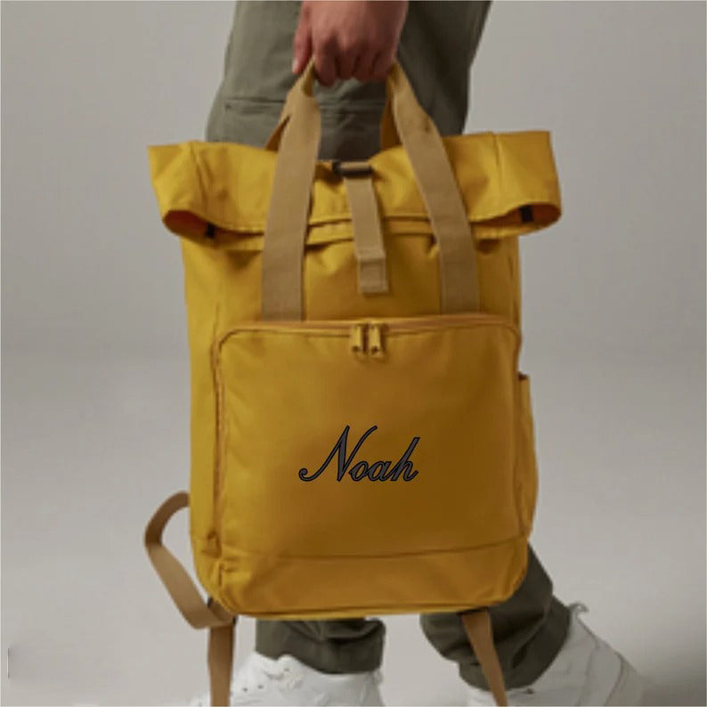 Personalised Backpack, Custom Name or Initials Printed Backpack, Twin Handle Roll-Top Travel Bags, 100 Polyester Bags, Back to School Gifts
