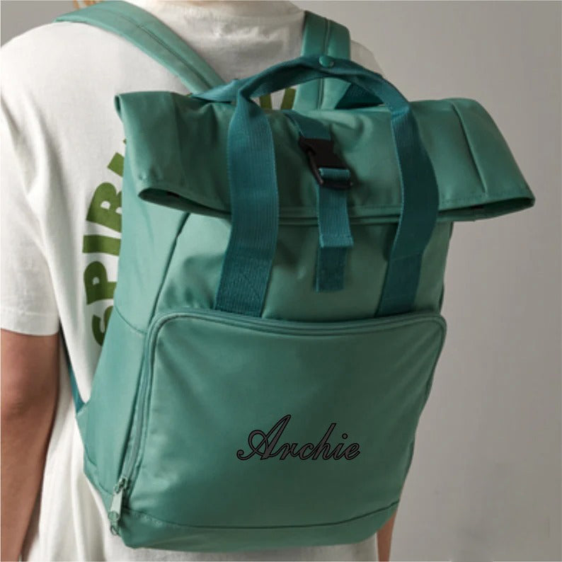 Personalised Backpack, Custom Name or Initials Printed Backpack, Twin Handle Roll-Top Travel Bags, 100 Polyester Bags, Back to School Gifts