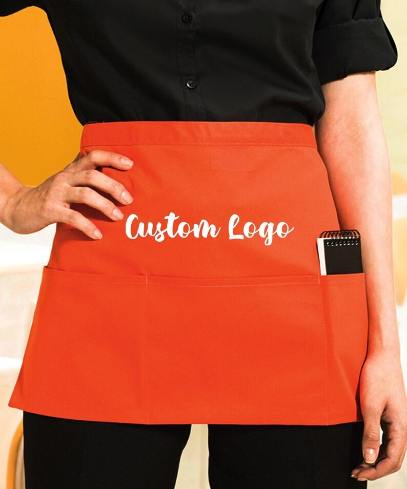 Personalised Short Apron, Custom Name /Logo Printed Aprons, Kitchen Apron, Gift for Bakers, Short Bar Apron with Pockets, Cocktail Bar Apron