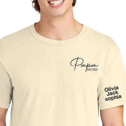 Personalised Papa Embroidered Shirt, Custom Kids Name On Sleeve T-Shirt, Dad Est Year Tee Tops, Funny Gift For Husband, Father's Day Gift