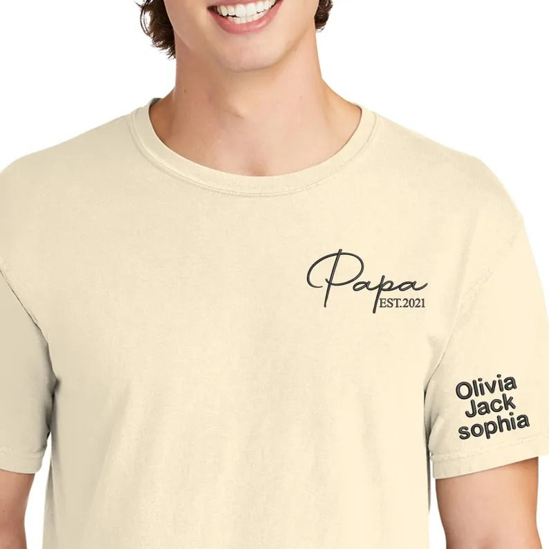 Personalised Papa Embroidered Shirt, Custom Kids Name On Sleeve T-Shirt, Dad Est Year Tee Tops, Funny Gift For Husband, Father's Day Gift
