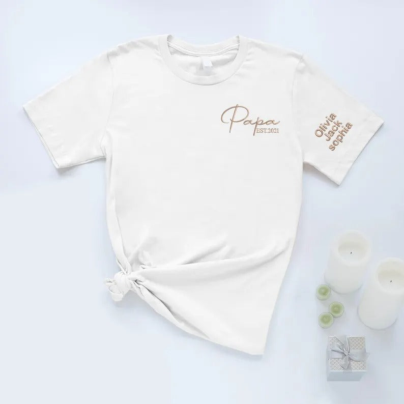 Personalised Papa Embroidered Shirt, Custom Kids Name On Sleeve T-Shirt, Dad Est Year Tee Tops, Funny Gift For Husband, Father's Day Gift