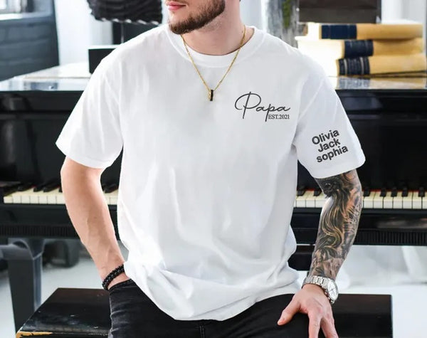 Personalised Papa Embroidered Shirt, Custom Kids Name On Sleeve T-Shirt, Dad Est Year Tee Tops, Funny Gift For Husband, Father's Day Gift