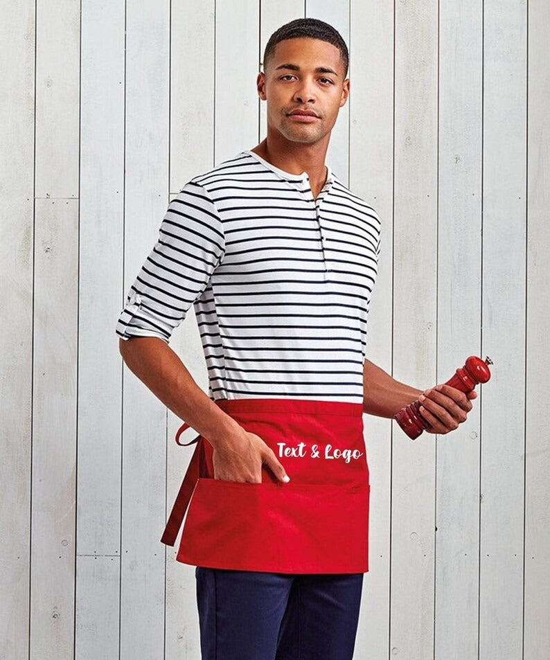 Personalised Short Apron, Custom Name /Logo Printed Aprons, Kitchen Apron, Gift for Bakers, Short Bar Apron with Pockets, Cocktail Bar Apron