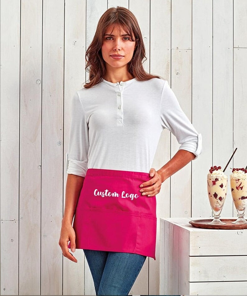 Personalised Short Apron, Custom Name /Logo Printed Aprons, Kitchen Apron, Gift for Bakers, Short Bar Apron with Pockets, Cocktail Bar Apron