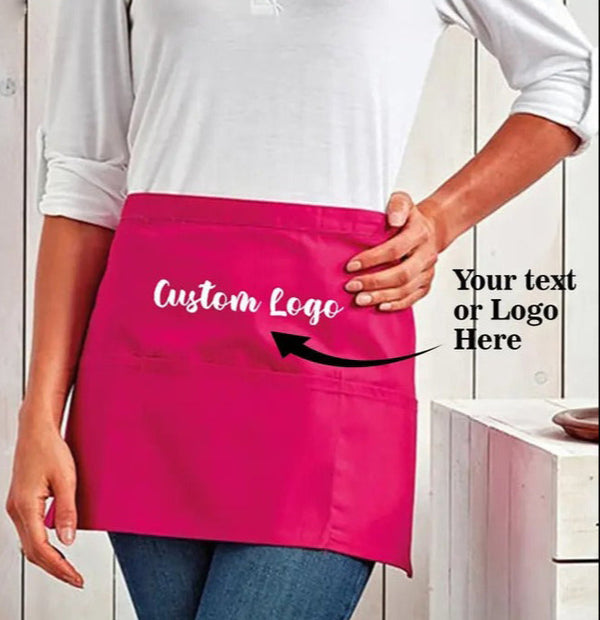 Personalised Short Apron, Custom Name /Logo Printed Aprons, Kitchen Apron, Gift for Bakers, Short Bar Apron with Pockets, Cocktail Bar Apron