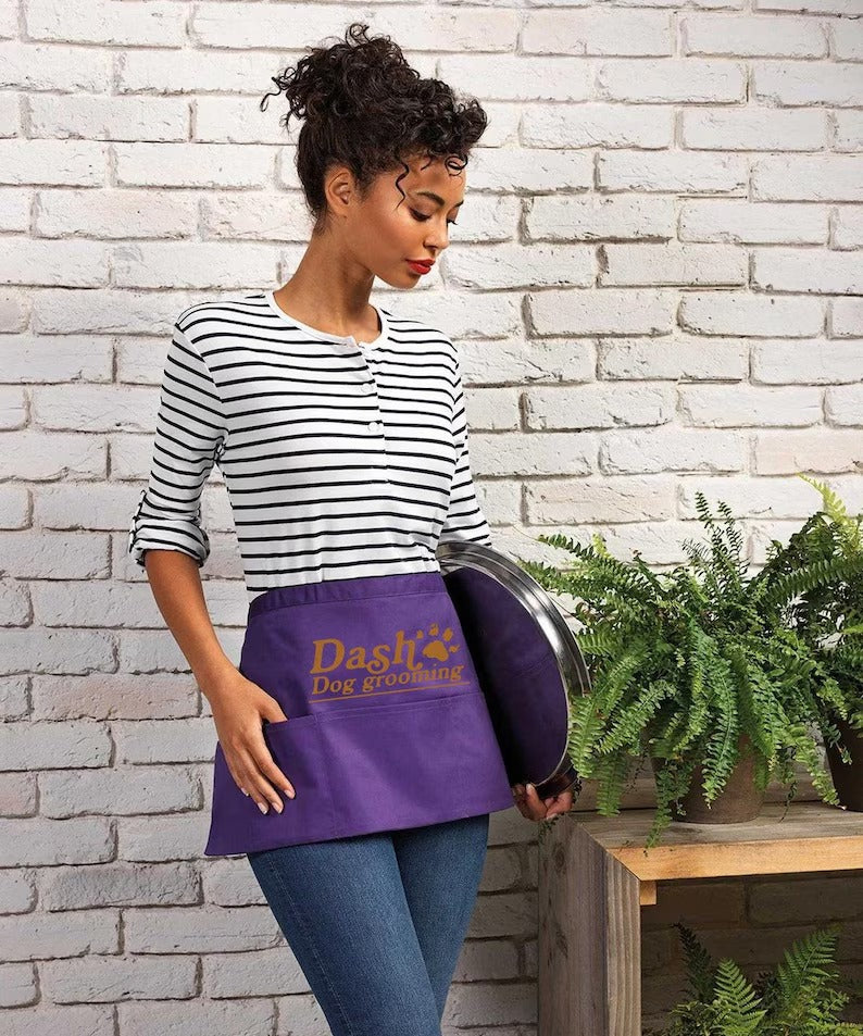 Personalised Short Apron, Custom Name /Logo Printed Aprons, Kitchen Apron, Gift for Bakers, Short Bar Apron with Pockets, Cocktail Bar Apron