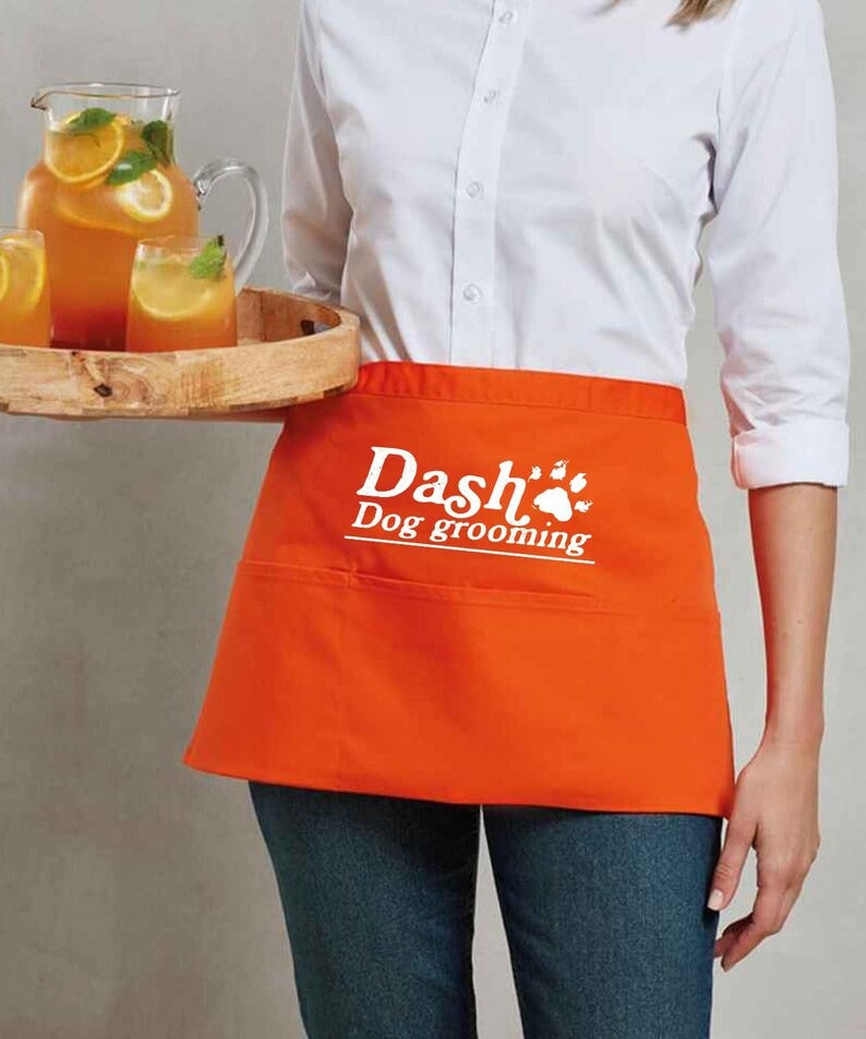 Personalised Short Apron, Custom Name /Logo Printed Aprons, Kitchen Apron, Gift for Bakers, Short Bar Apron with Pockets, Cocktail Bar Apron