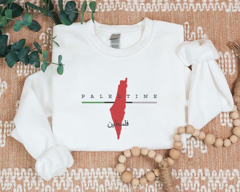 Palestine Map Embroidered Sweater, Palestine Crewneck Sweatshirt, Adults Unisex Comfy Colors Jumper, Palestine Clothing