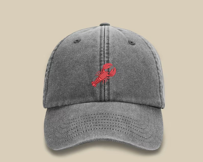 Embroidered Lobster Hat, Vintage Style Comfort Colors Lobster Design Stich 100 Cotton Sun Hat, Unisex Baseball Caps, Trucker Hat, Dad Gifts
