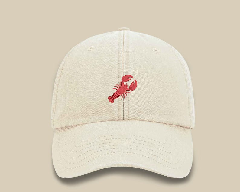 Embroidered Lobster Hat, Vintage Style Comfort Colors Lobster Design Stich 100 Cotton Sun Hat, Unisex Baseball Caps, Trucker Hat, Dad Gifts
