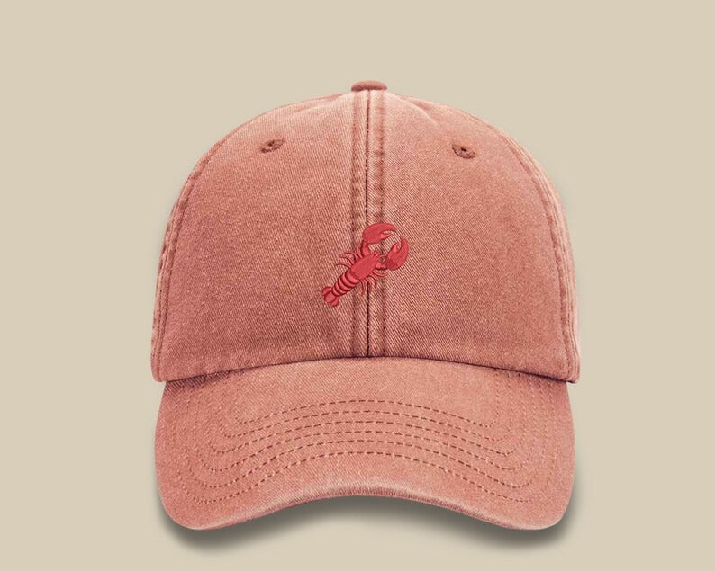 Embroidered Lobster Hat, Vintage Style Comfort Colors Lobster Design Stich 100 Cotton Sun Hat, Unisex Baseball Caps, Trucker Hat, Dad Gifts