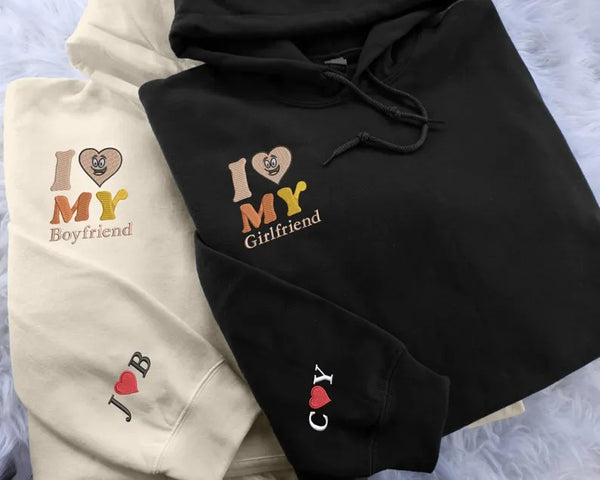 Embroidered I Love My Girlfriend Hoodies, Valentines Day Couple Matching Hoodie, Custom Initials on Sleeve Matching Jumper, Valentines Gift