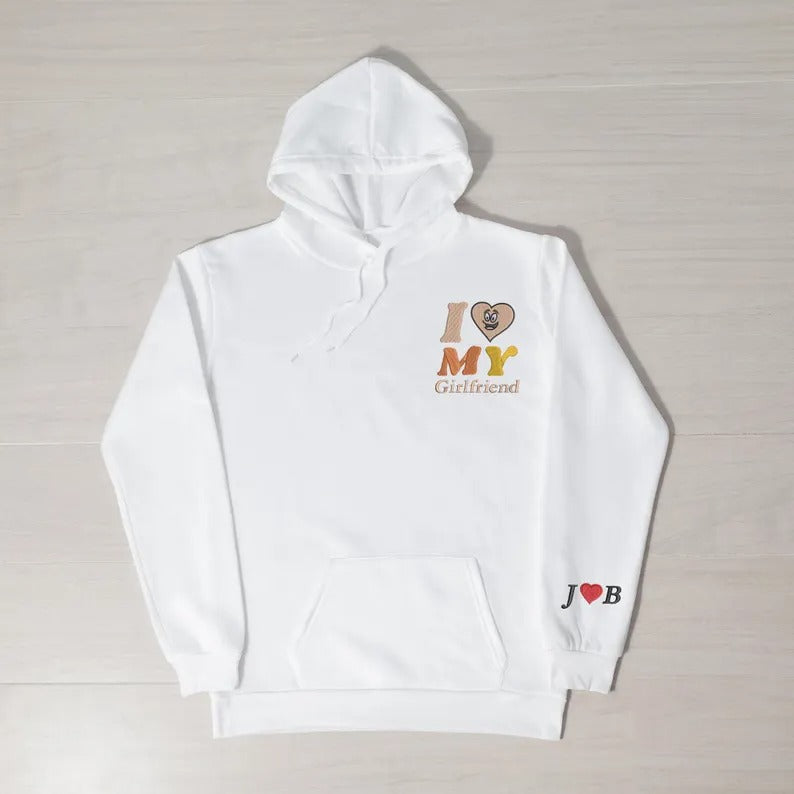 Embroidered I Love My Girlfriend Hoodies, Valentines Day Couple Matching Hoodie, Custom Initials on Sleeve Matching Jumper, Valentines Gift