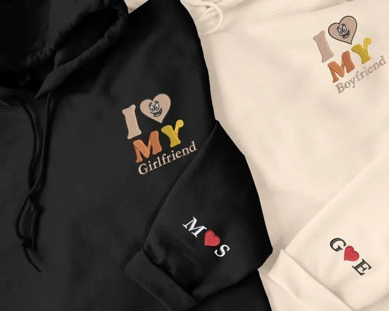 Embroidered I Love My Girlfriend Hoodies, Valentines Day Couple Matching Hoodie, Custom Initials on Sleeve Matching Jumper, Valentines Gift