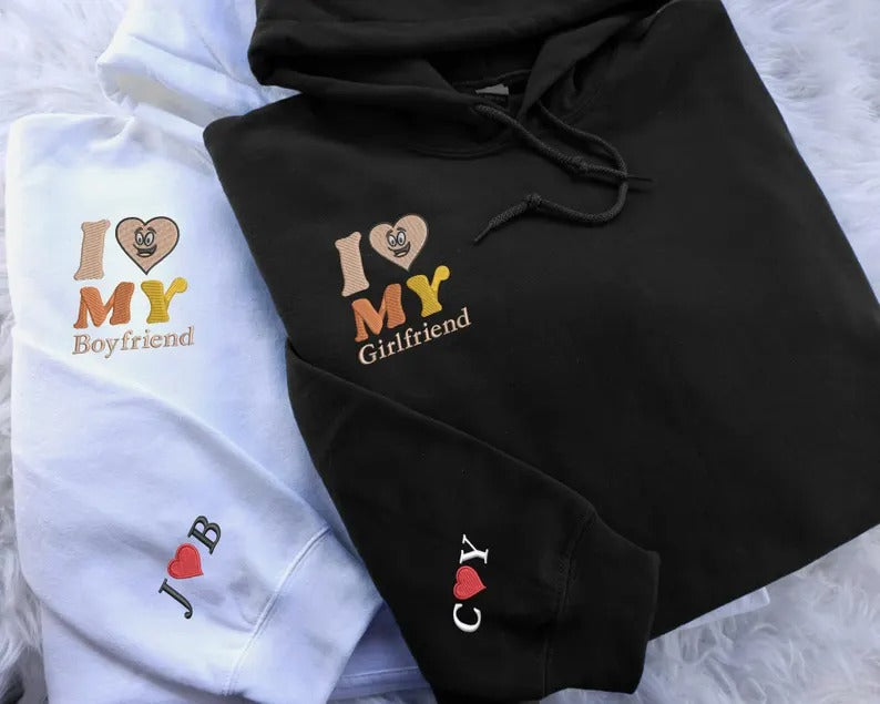 Embroidered I Love My Girlfriend Hoodies, Valentines Day Couple Matching Hoodie, Custom Initials on Sleeve Matching Jumper, Valentines Gift