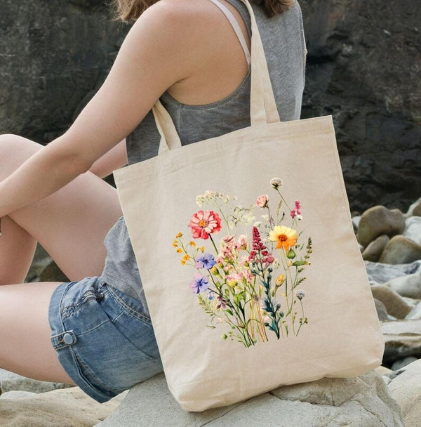 Wildflowers Tote Bag, Cottagecore Wildflowers Eco-Friendly Bags,100% Cotton Canvas Totes, Gift for Her, Tote Bag for Mom, Mother's Day Gifts