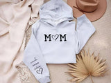 Personalised Mom Hoodie, Custom Mummy Kids name on Sleeve Hoodie, Minimalist Mom Sweatshirt, Heart Printed Mommy Jumper, Mother's Day Gifts