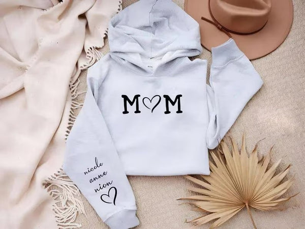 Personalised Mom Hoodie, Custom Mummy Kids name on Sleeve Hoodie, Minimalist Mom Sweatshirt, Heart Printed Mommy Jumper, Mother's Day Gifts