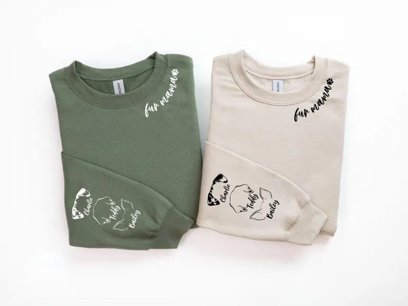 Personalised Fur Mama Sweatshirt, Dog Mom Sweater, Personalised Dog Ear On Sleeve Printed Sweater, Dog Lover Gift, Mothers Day Gifts for Her