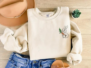 Embroidered Easter Bunny Sweatshirt, Funny Easter Day Sweater for Women, Cute Bunny with Carrot Crewneck Jumper, Easter Bunny Lover Gifts