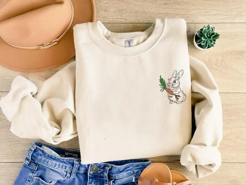 Embroidered Easter Bunny Sweatshirt, Funny Easter Day Sweater for Women, Cute Bunny with Carrot Crewneck Jumper, Easter Bunny Lover Gifts
